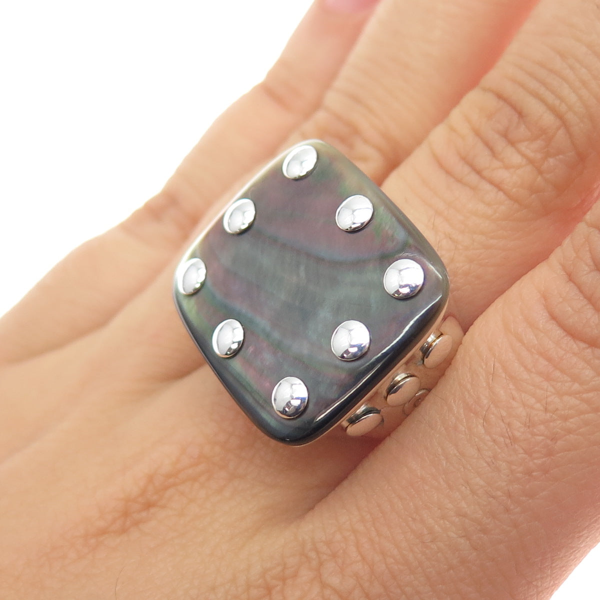 925 Sterling Silver Vintage Real Abalone Shell Modernist Ring Size 7.75