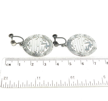 925 Sterling Silver Antique Art Deco Chinese Floral Engraved Screw Back Earrings