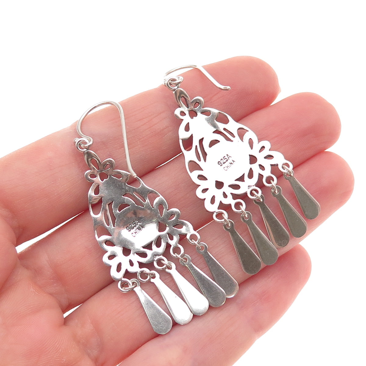 925 Sterling Silver Vintage Real Black Onyx Floral Oxidized Dangle Earrings