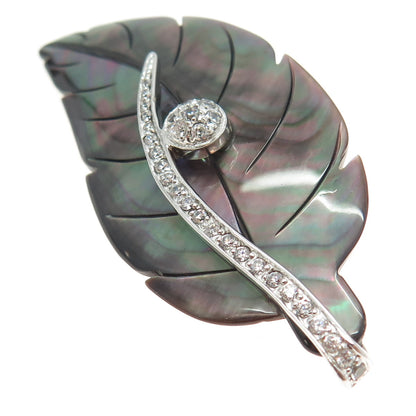 925 Sterling Silver Real Abalone Shell & C Z Leaf Modernist Pin Brooch