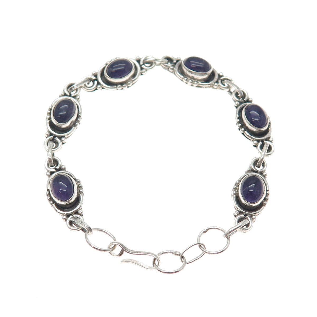 925 Sterling Silver Vintage Real Cabochon Amethyst Bracelet 6.5-7.5"