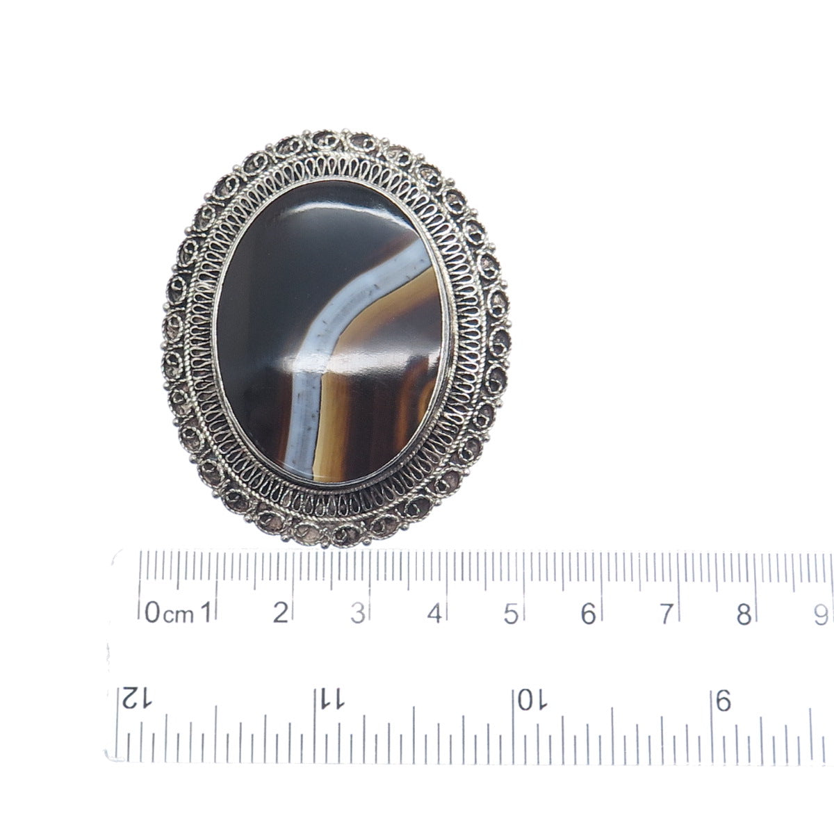 BETHLEHEM H. J. A. 935 Silver Vintage Real Agate Filigree Oxidized Pin Brooch