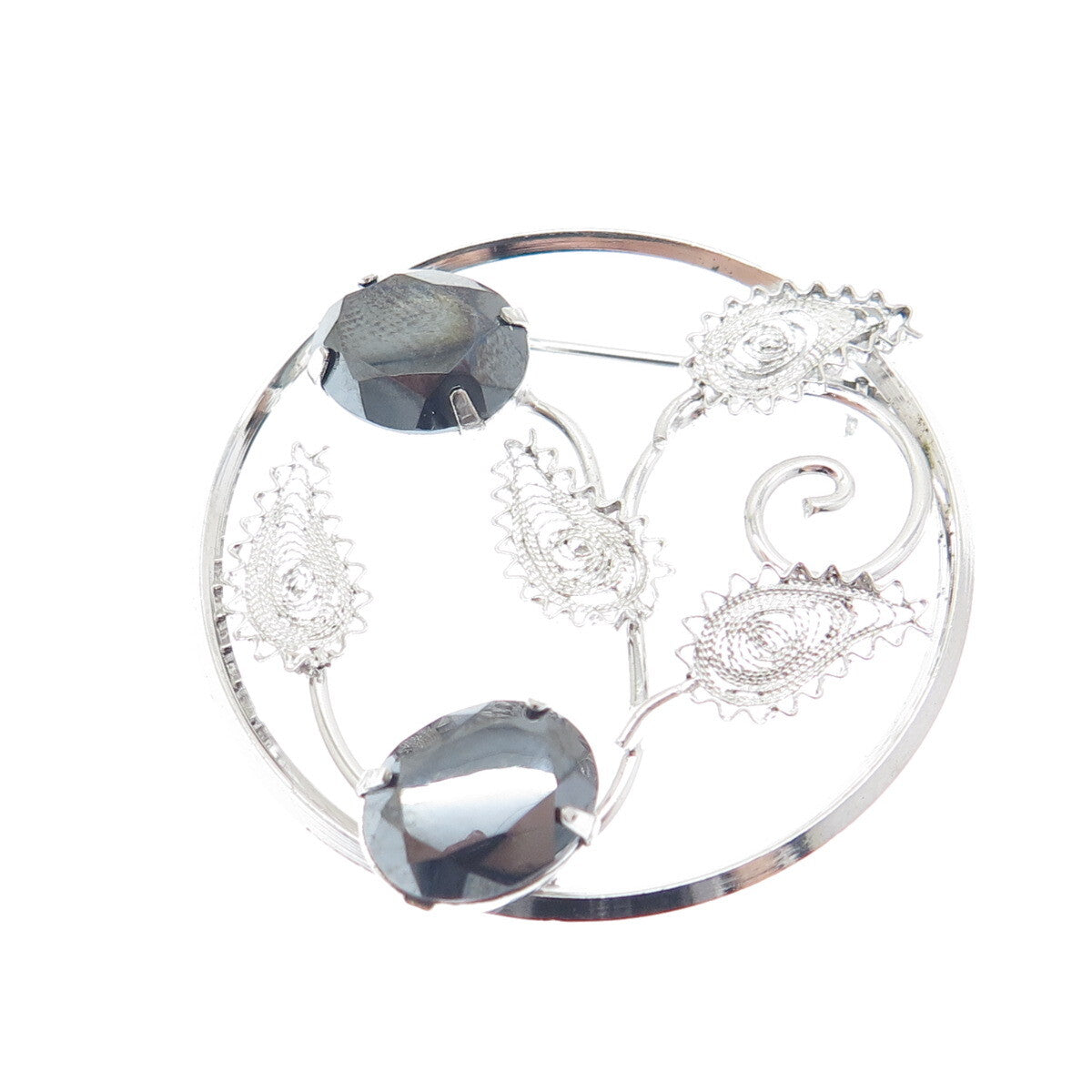 D'OR 925 Sterling Silver Vintage Real Hematite Filigree Floral Leaf Pin Brooch
