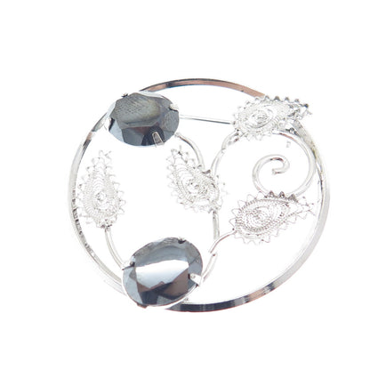 D'OR 925 Sterling Silver Vintage Real Hematite Filigree Floral Leaf Pin Brooch