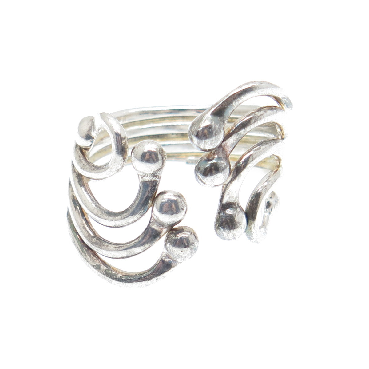 925 Sterling Silver Vintage Modernist Beaded Bypass Adjustable Ring Size 10.75