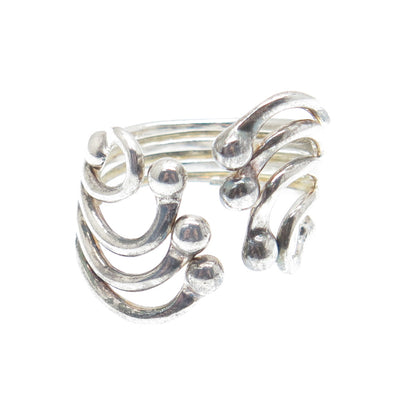 925 Sterling Silver Vintage Modernist Beaded Bypass Adjustable Ring Size 10.75