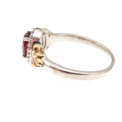 Disney 925 Sterling Silver 2-Tone Real Diamond & Red Garnet Floral Ring Size 7
