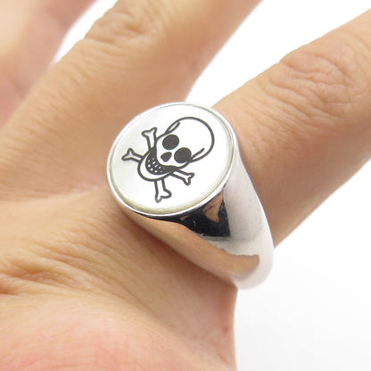 925 Sterling Silver Real Mother-of-Pearl Skull Biker Signet Ring Size 10