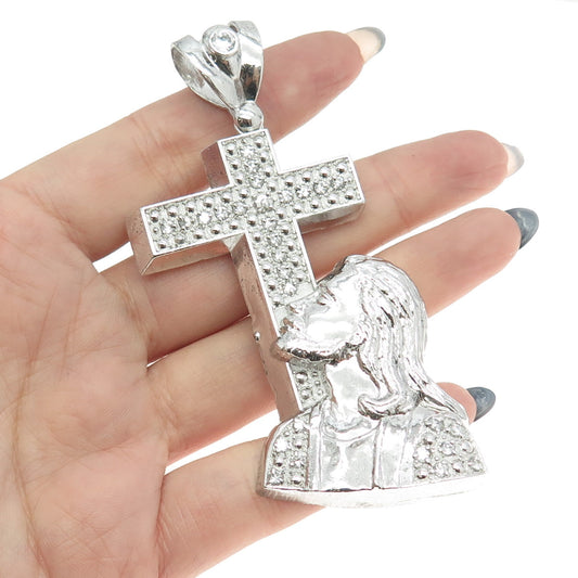 925 Sterling Silver Pave C Z Jesus Cross Religious Pendant