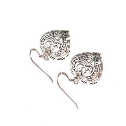 925 Sterling Silver Vintage Floral Heart Oxidized Dangle Earrings
