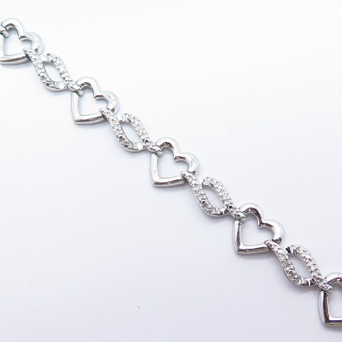 925 Sterling Silver Real Diamond Heart Braided Link Bracelet 7.25"
