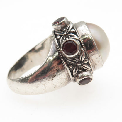 925 Sterling Silver Vintage Real Pearl & Red Garnet Modernist Ring Size 7