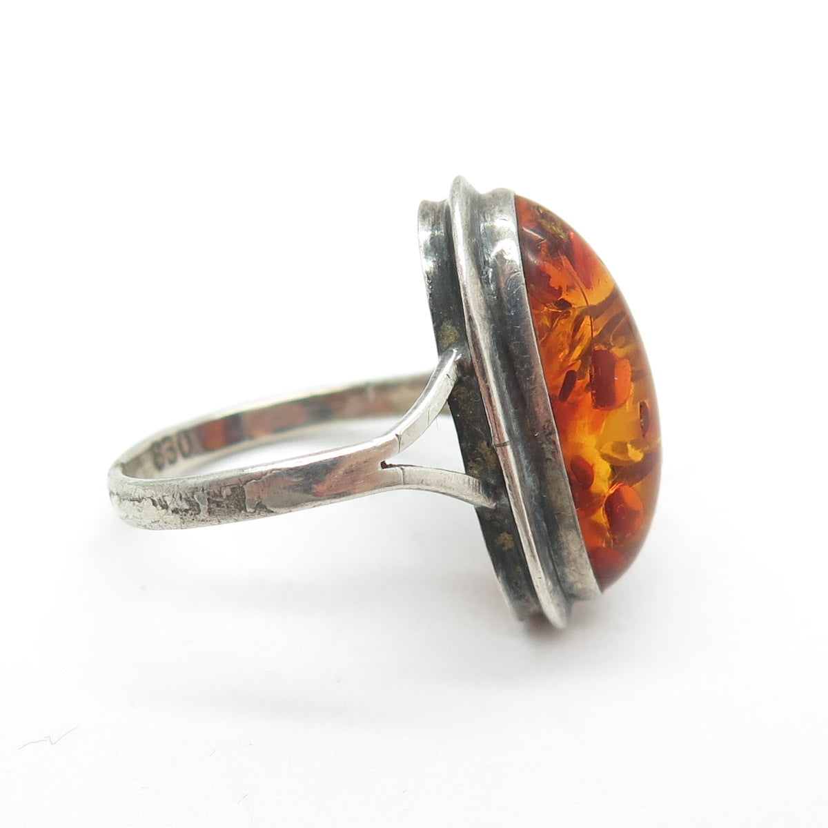 830 Silver Vintage European Real Amber Oxidized Ring Size 5.5