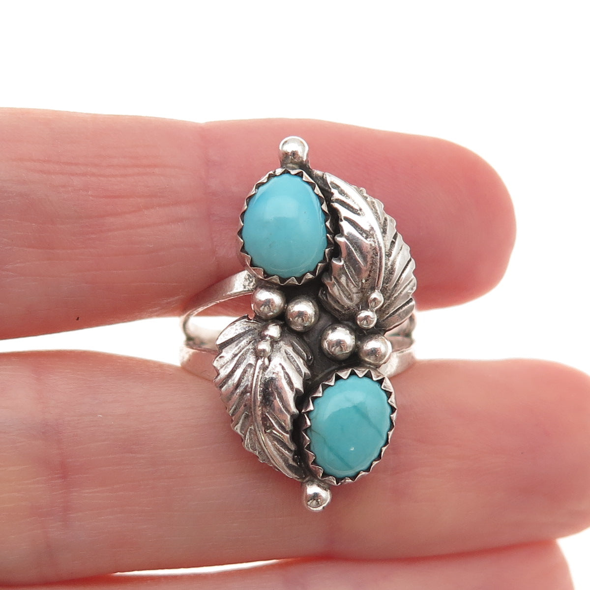 Old Pawn Sterling Silver Vintage Southwestern Turquoise Feather Ring Size 7.25