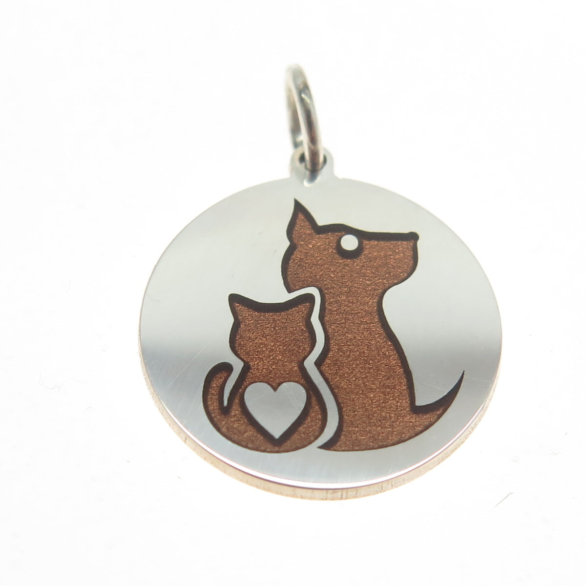 925 Sterling Silver Brown Enamel Cat & Dog Friendship Round Minimalist Pendant