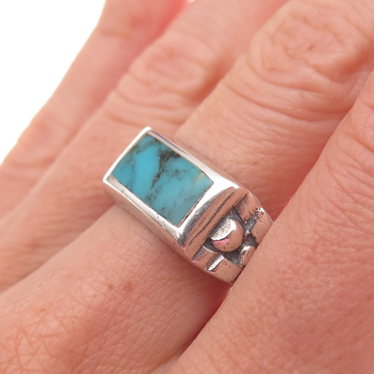 Old Pawn Sterling Silver Vintage Southwestern Turquoise Tribal Ring Size 8.75