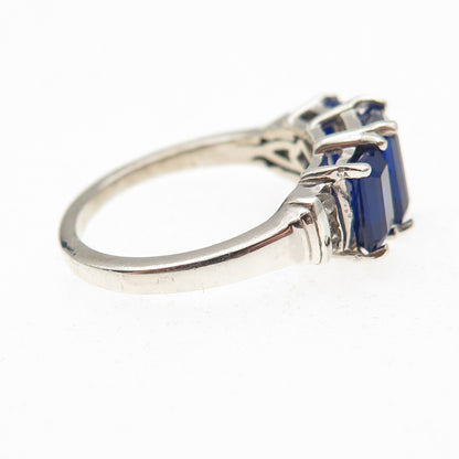 D'Joy 925 Sterling Silver Real Emerald-Cut Sapphire & White Topaz Ring Size 5