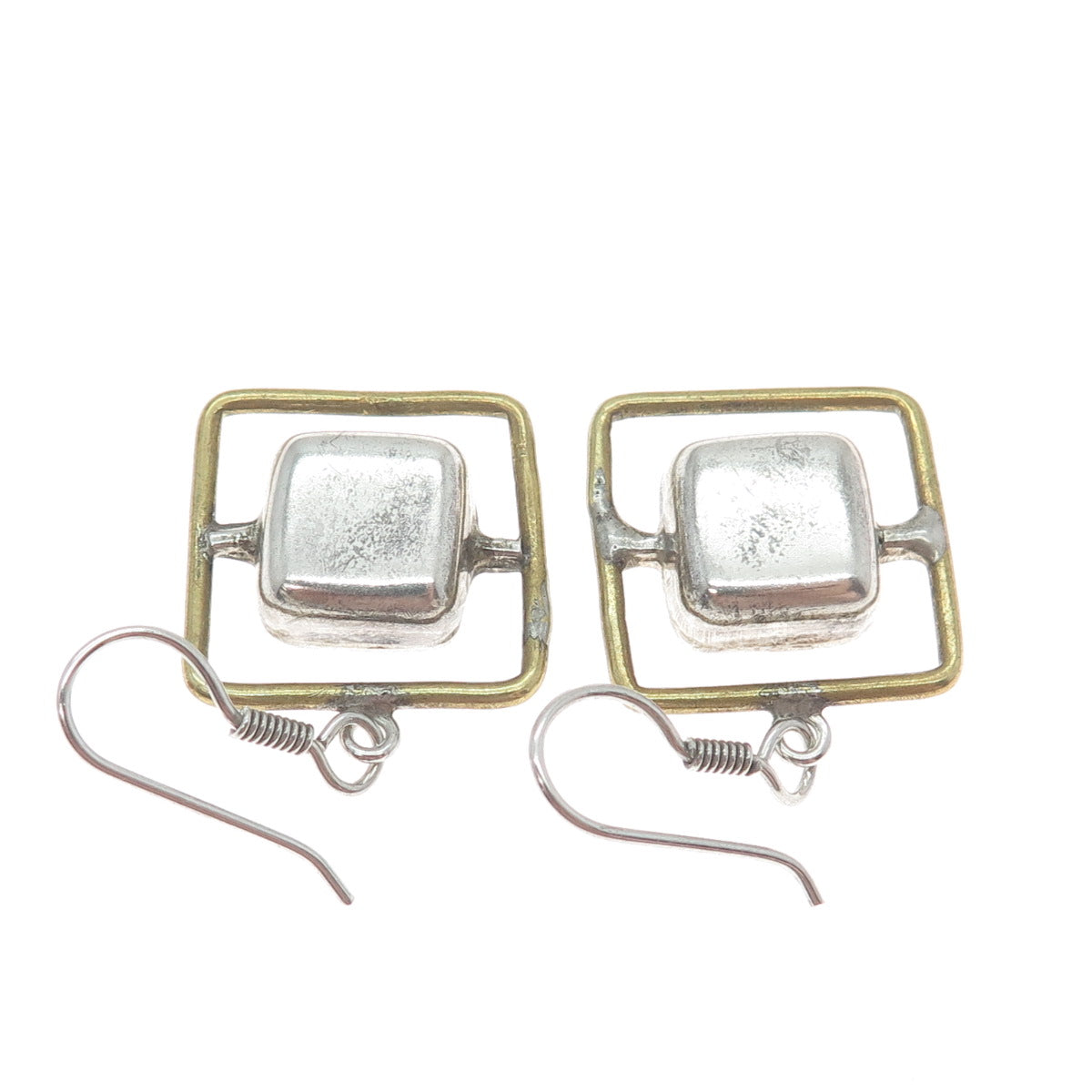 925 Sterling Silver 2-Tone Vintage Mexico Modernist Square Dangle Earrings