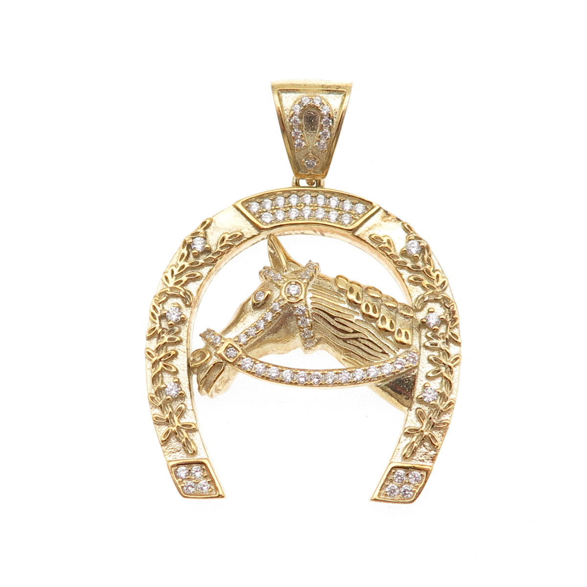 925 Sterling Silver Gold Plated Round-Cut C Z Horse & Horseshoe Pendant