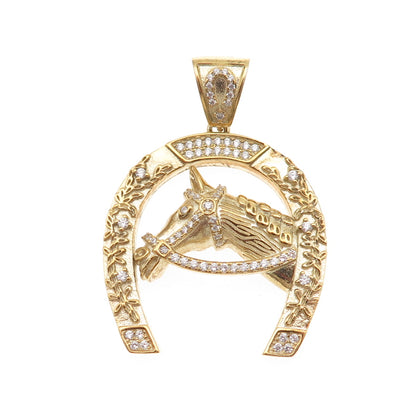 925 Sterling Silver Gold Plated Round-Cut C Z Horse & Horseshoe Pendant