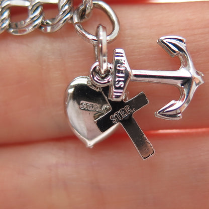 ELCO Sterling Silver Vintage Heart Anchor Cross Double Curb Link Bracelet 6.75"