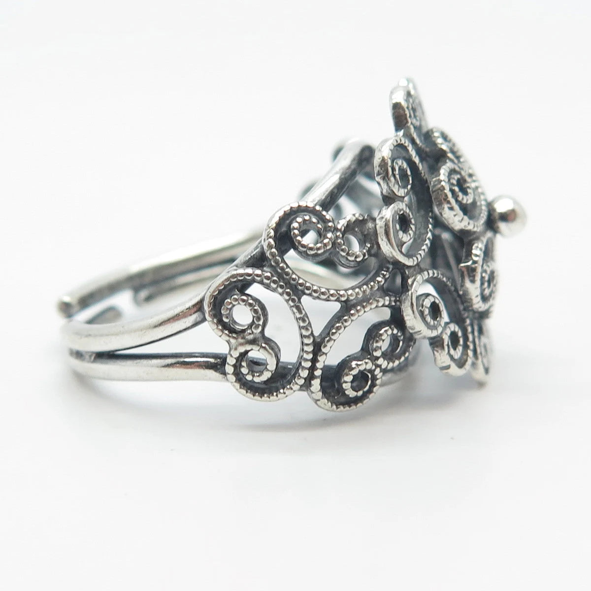 925 Sterling Silver Vintage Beau Swirl Heart Adjustable Ring Size 6
