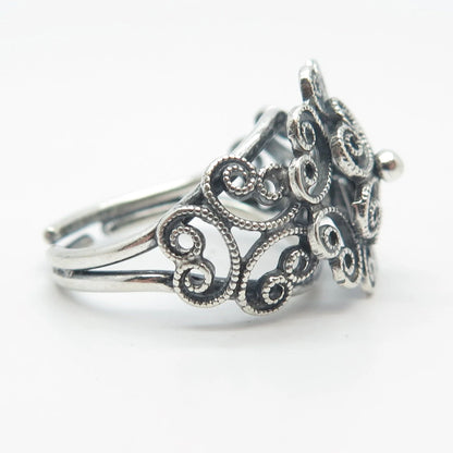 925 Sterling Silver Vintage Beau Swirl Heart Adjustable Ring Size 6