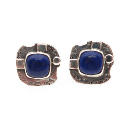 925 Sterling Silver Vintage Real Lapis Lazuli Modernist Stud Earrings