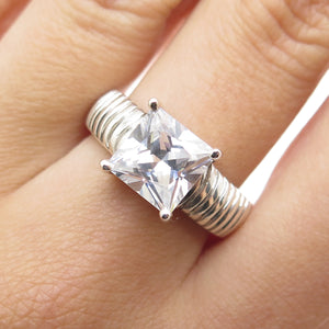 925 Sterling Silver Vintage Princess-Cut C Z Ribbed Ring Size 7.25