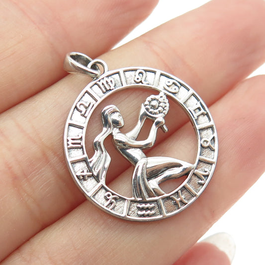 925 Sterling Silver Vintage Virgo Zodiac Calendar Round Pendant