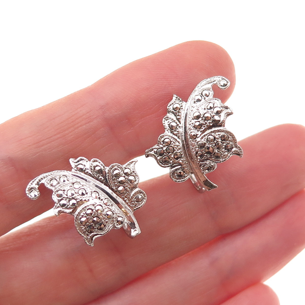 925 Sterling Silver Antique Art Deco Real Marcasite Floral Screw Back Earrings
