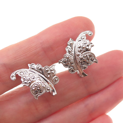 925 Sterling Silver Antique Art Deco Real Marcasite Floral Screw Back Earrings