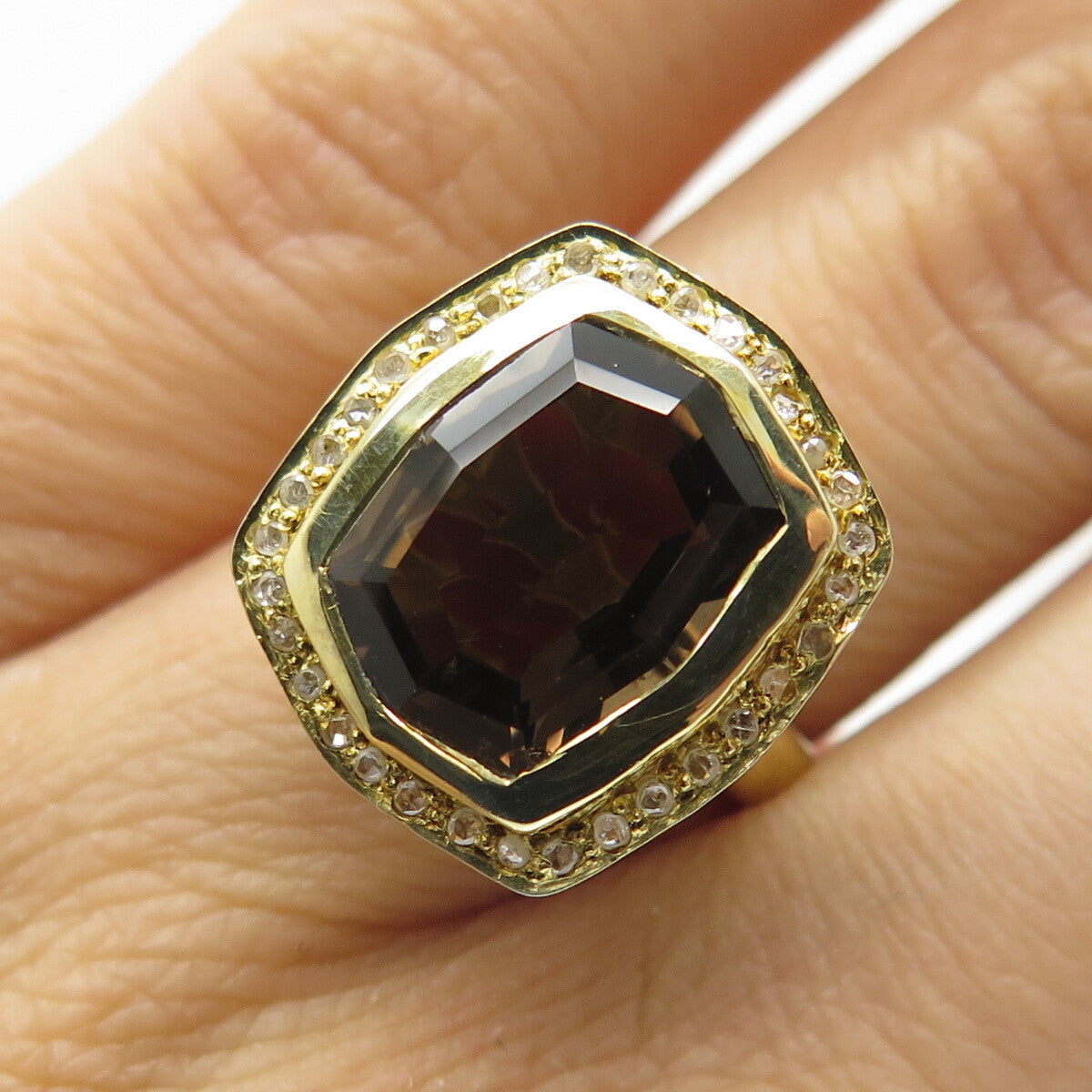 925 Sterling Silver Gold Plated Real Diamond & Smoky Quartz Ring Size 5.75