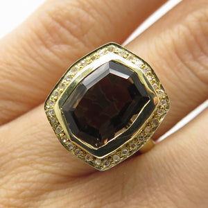 925 Sterling Silver Gold Plated Real Diamond & Smoky Quartz Ring Size 5.75