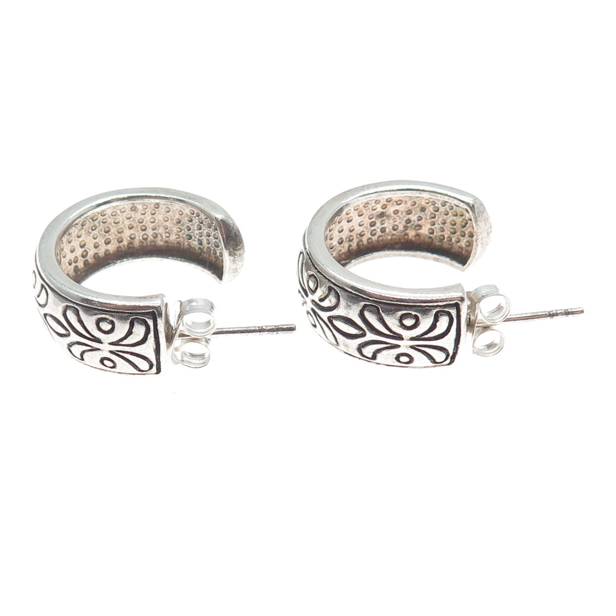 925 Sterling Silver Vintage Floral Oxidized Half Hoop Earrings