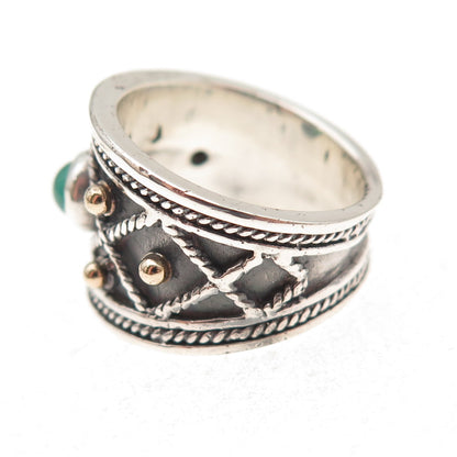 925 Sterling Silver 14K Gold Vintage Real Green Onyx Oxidized Ring Size 6