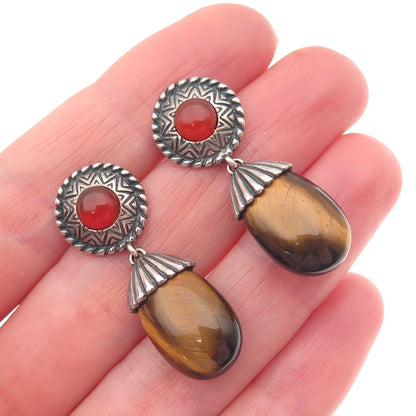 Carolyn Pollack 925 Sterling Vintage Real Tiger Eye & Carnelian Dangle Earrings