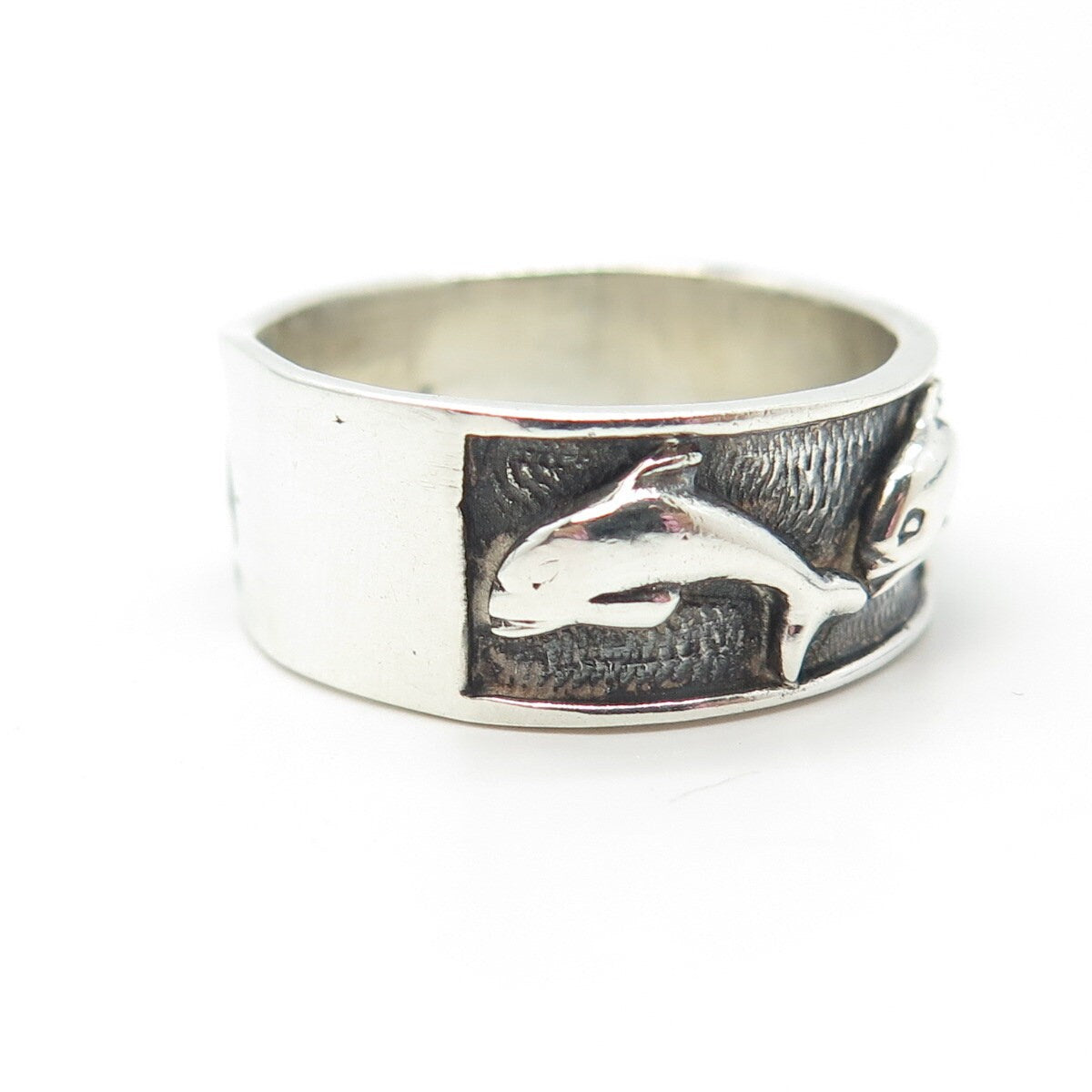 925 Sterling Silver Vintage Friendly Dolphin Band Ring Size 10