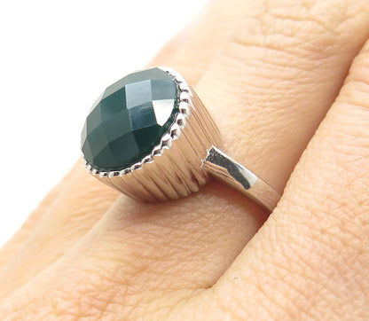 925 Sterling Silver Real Checkered Green Onyx Gem Ribbed Dome Ring Size 7