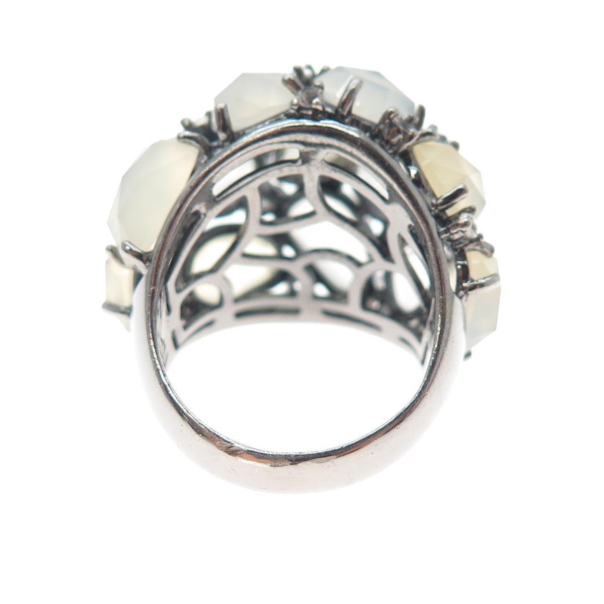 925 Sterling Silver Black Rhodium Real Chalcedony & White Topaz Ring Size 7.25