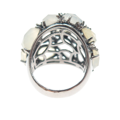 925 Sterling Silver Black Rhodium Real Chalcedony & White Topaz Ring Size 7.25