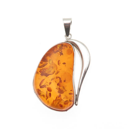 925 Sterling Silver Vintage LL Poland Real Amber Modernist Pendant