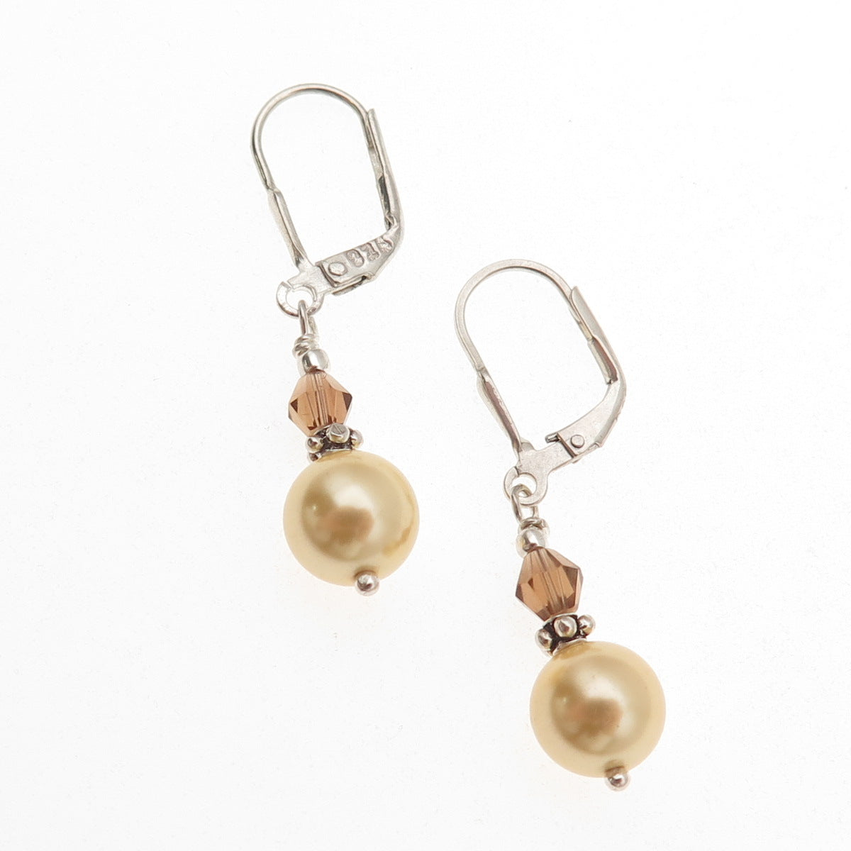 925 Sterling Silver Vintage Faux Pearl & Smoky Crystal Dangle Earrings