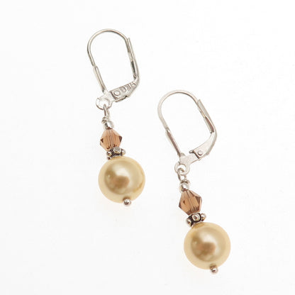 925 Sterling Silver Vintage Faux Pearl & Smoky Crystal Dangle Earrings