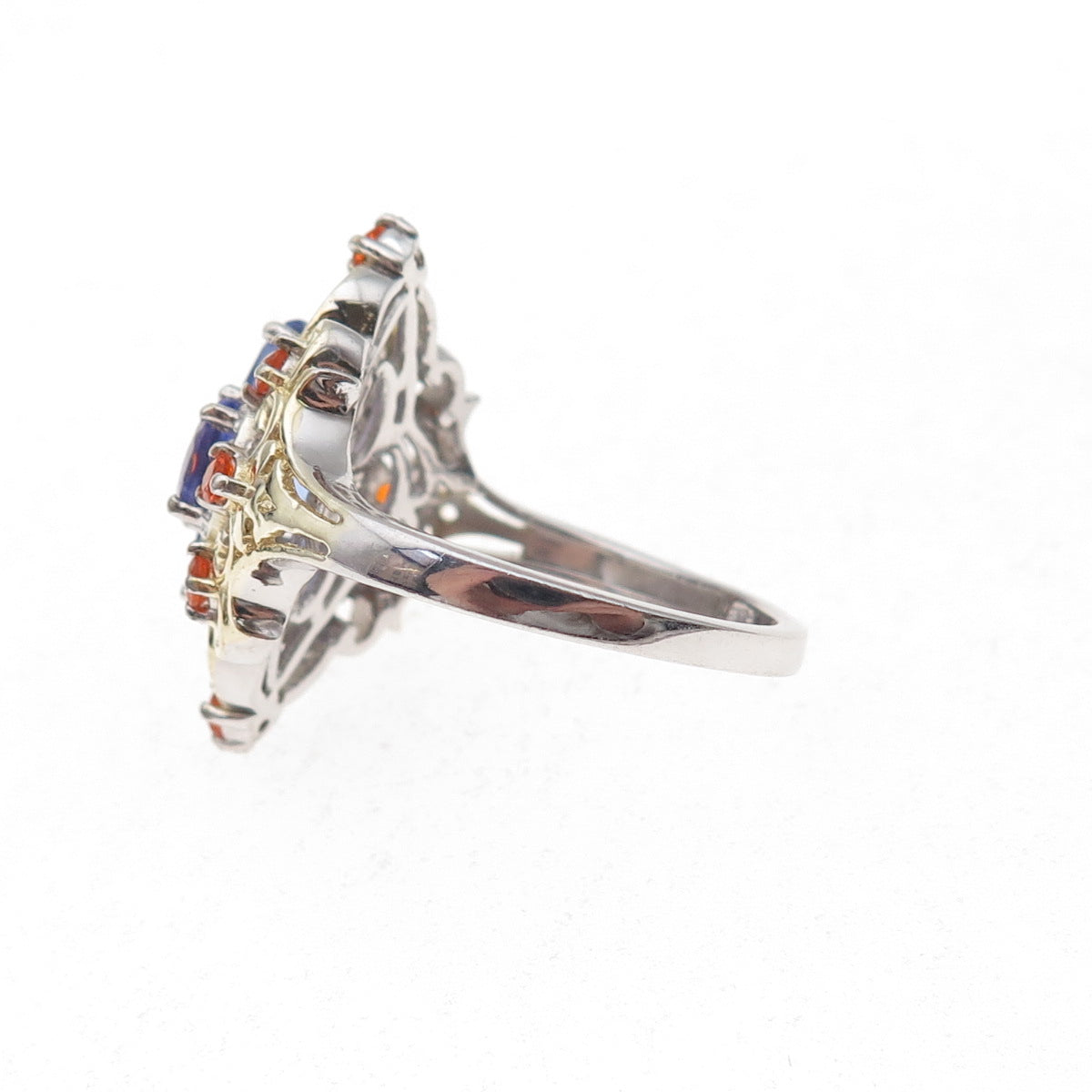 Chuck Clemency 925 Sterling Silver 2-Tone Real Tanzanite & Fire Opal Ring Size 8