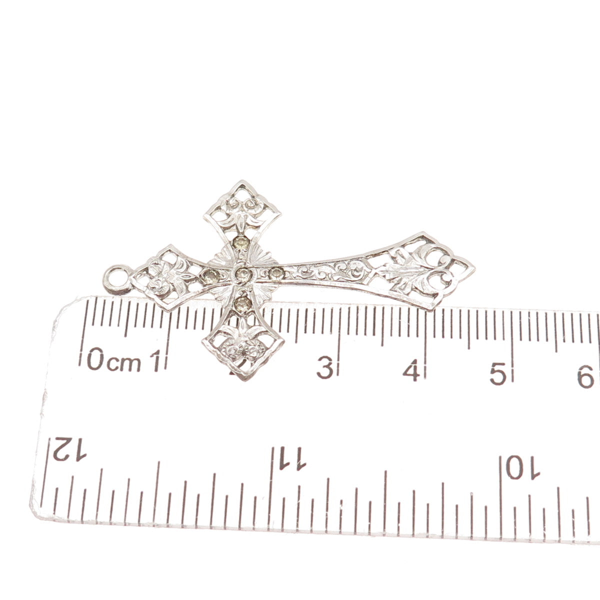 925 Sterling Silver Antique Art Deco Rhinestone Floral Cross Charm Pendant