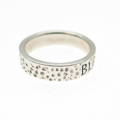 925 Sterling Silver Vintage Blessed Be Hammered Oxidized Band Ring Size 5