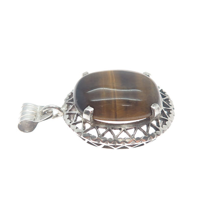 925 Sterling Silver Vintage Real Tiger Eye Gemstone Hearts Eternity Pendant