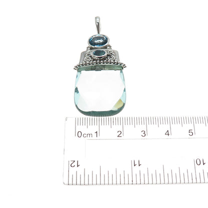 SAJEN 925 Sterling Silver Vintage Glass Real Blue Topaz Modernist Pendant