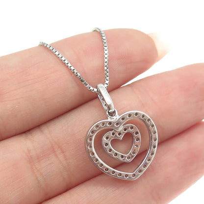 925 Sterling Silver Italy C Z Double Heart Pendant Box Chain Necklace 18"